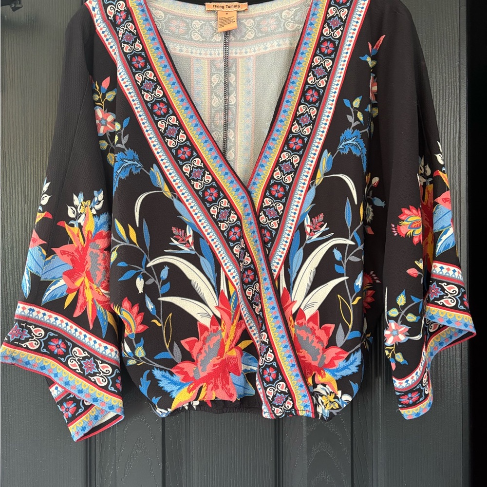 Flying Tomato Black and Red Graphic Wrap Blouse